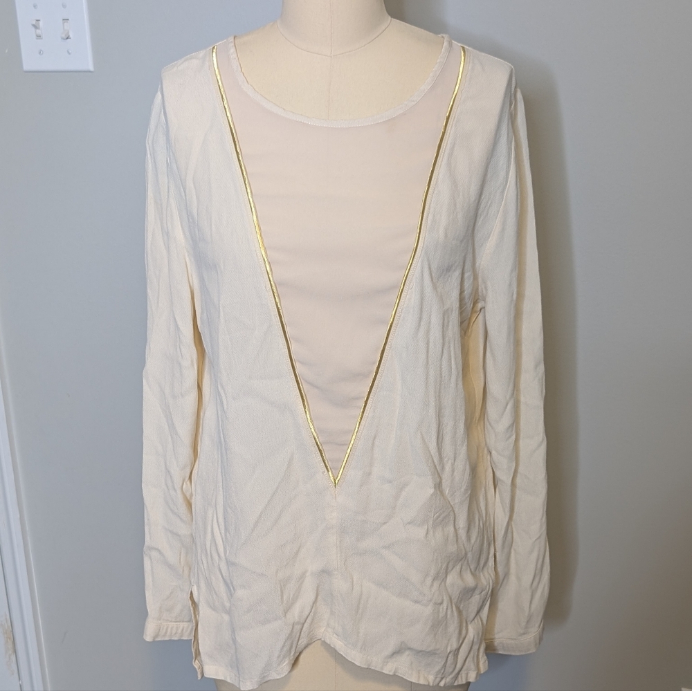 Sophie Rue Mesh Vneck Cream and Gold Long Sleeve Blouse Size Large‎